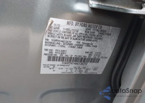 2006 Ford Five Hundred Sel из США, поврежденный, VIN 1FAHP24146G136702